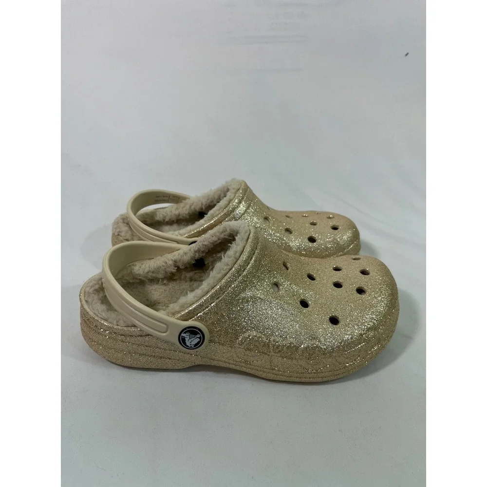 Kids Crocs Glitter Lined Faux Fur‎ Clogs Sparkle Cozy Gold/Cream Size J3